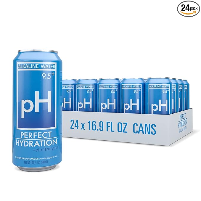 Perfect Hydration 9.5+ ph Alkaline Water, 16.9 oz Recyclable Aluminum Cans | 9x Purified | Electrolyte Minerals for Taste | Pack of 24