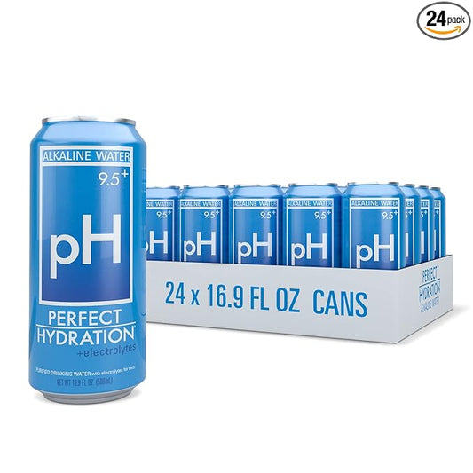 Perfect Hydration 9.5+ ph Alkaline Water, 16.9 oz Recyclable Aluminum Cans | 9x Purified | Electrolyte Minerals for Taste | Pack of 24