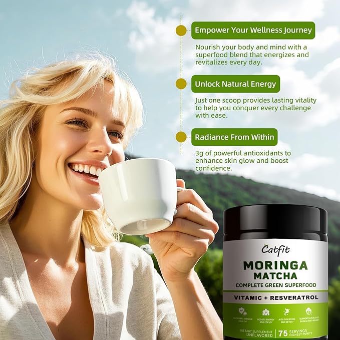 Moringa Powder – Superfood Blend with Matcha, Green Tea & Resveratrol – Moringa Supplement for Energy, Antioxidant & Immune Support – Vegan, Gluten Free, Easy-to-Mix Drink (8oz)