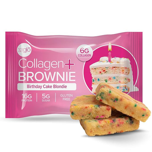 321glo Collagen Protein Brownie | Gluten Free, Low Sugar | Keto Snack for Women, Men, & Kids | 16g Protein, 6g Collagen | 12 Pack (Birthday Cake Blondie)