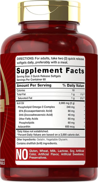 Carlyle Antarctic Krill Oil 2000 mg 120 Softgels | Omega-3 EPA, DHA, with Astaxanthin Supplement Sourced from Red Krill | Maximum Strength | Laboratory Tested