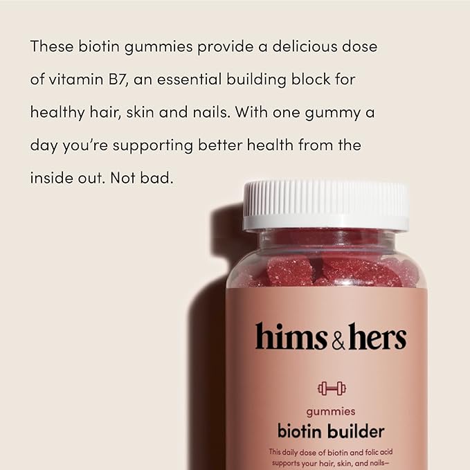 HIMS & HERS biotin Builder Gummy with Vitamins B12, B6 and D, Gluten Free, no Artificial sweeteners or Flavors, Wild Cherry, 60 Count