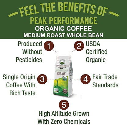 Peak Performance High Altitude Organic Coffee. Fair Trade, Low Acid, Non GMO, and Beans Full Of Antioxidants. Medium Roast Smooth Tasting USDA Certified Organic Whole Bean Coffee Bag
