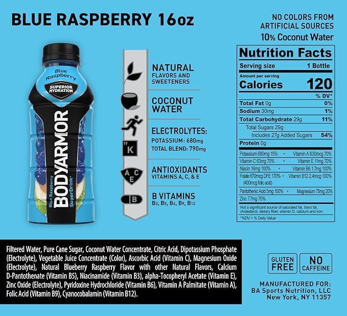 BODYARMOR Sports Drink Sports Beverage, Blue Raspberry, Natural Flavors With Vitamins, Potassium-Packed Electrolytes, No Preservatives, Perfect For Athletes, 16 Fl Oz (Pack of 12)