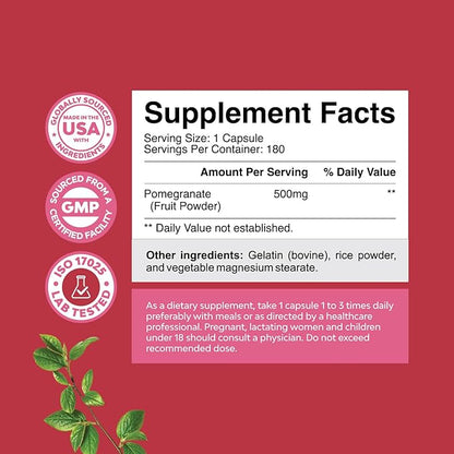 Advanced Antioxidant Superfood Pomegranate Supplement - Natural Pomegranate Extract Polyphenols Supplement for Heart Health and Joint Support - Reds Superfood Powder Capsules for Men and Women 180ct
