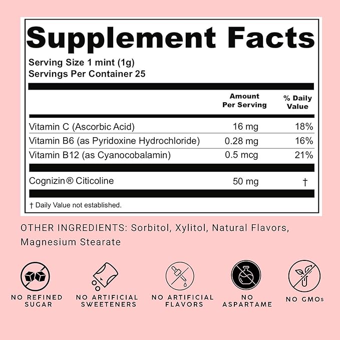 NOOZ Focus Mints - Caffeine-Free Brain Booster for Mental Clarity - Fresh Mint Flavor | Sugar-Free, Travel-Friendly Supplement with Vitamins C, B6, B12 - Non-GMO, Clean Label, 25 Mints