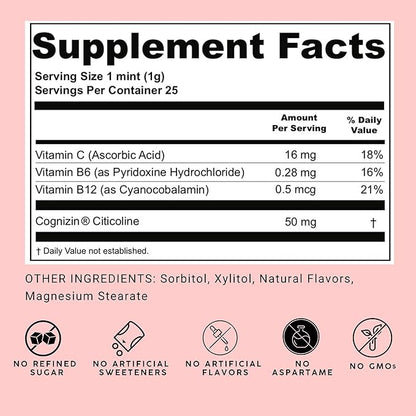 NOOZ Focus Mints - Caffeine-Free Brain Booster for Mental Clarity - Tangerine & Lemon Flavor | Sugar-Free, Travel-Friendly Supplement with Vitamins C, B6, B12 - Non-GMO, Clean Label, 25 Mints