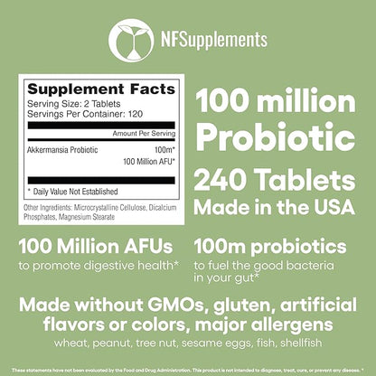 Akkermansia Muciniphila Probiotic Supplement 240 Tablets 100 Million AFU Probiotics for Men & Women Supports Intestinal Digestive & Gut Health Made in The USA (240, Akkermansia Muciniphila)