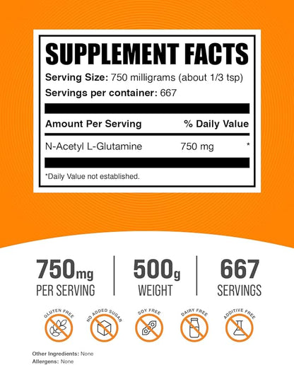 BulkSupplements.com N-Acetyl L-Glutamine Powder 750mg per 500g (1.1 (1.1 lbs) 1)