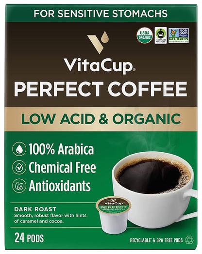 VitaCup Perfect Low Acid Coffee Pods, USDA Organic & Fair Trade, Mycotoxin Free, Dark Roast Guatemala Single Origin, Clean & Pure Recyclable Single Serve Pod compatible w/Keurig K-Cup Brewers,24 CT