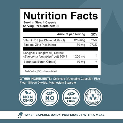Boron Supplement For Men With Tongkat Ali - Boron 10mg, Vitamin D3, Zinc Picolinate 30mg, Longjack Tongkat Ali For Men - Boron Citrate For Men’s Health - Non GMO, Gluten Free, No Allergens - 30 ct
