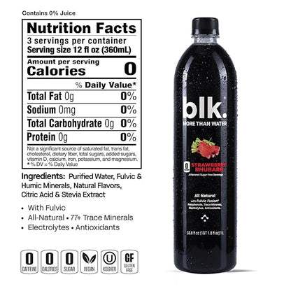 blk. Natural Alkaline Mineral Water Electrolyte Infused with Fulvic and Amino Acids, Zero Sugar Drink, Strawberry Rhubarb Flavored, 1 Liter, Pack of 12