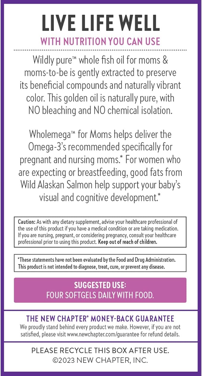 New Chapter Wholemega for Moms Fish Omega-3 + D3 for 90 ct, 500mg Softgels