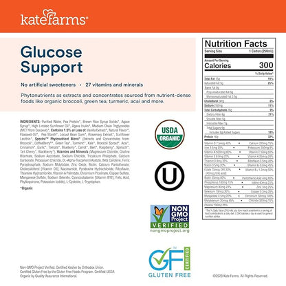 KATE FARMS Organic Plant Based 1.2 Glucose Support Shake, Vanilla, 16g Protein, 27 Vitamins and Minerals, Diabetic Nutrition Meal Replacement, Gluten Free and Non-GMO, 8.45 oz (6 Pack)