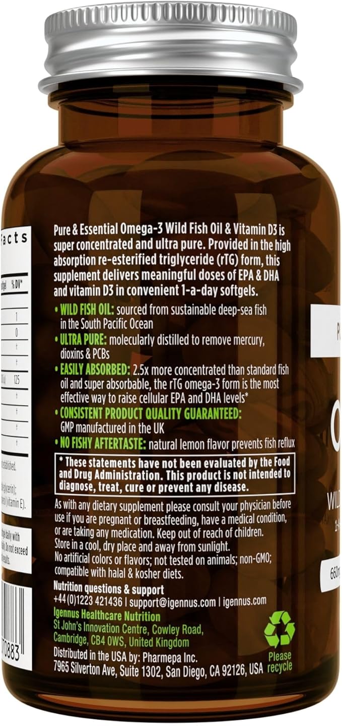 Pure & Essential Omega-3 & D3 1000iu, Fast-Acting 1-a-Day, Highly 60 Softgels