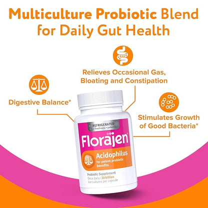 Florajen Acidophilus Probiotics, Gut Health, Vaginal Health, and Immune Support Supplement, Constipation and Bloating Relief for Adults, 60 Capsules (Refrigerated)