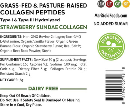 MariGold Grass-fed Collagen Peptides Powder Strawberry 1LB - 100% Pure,