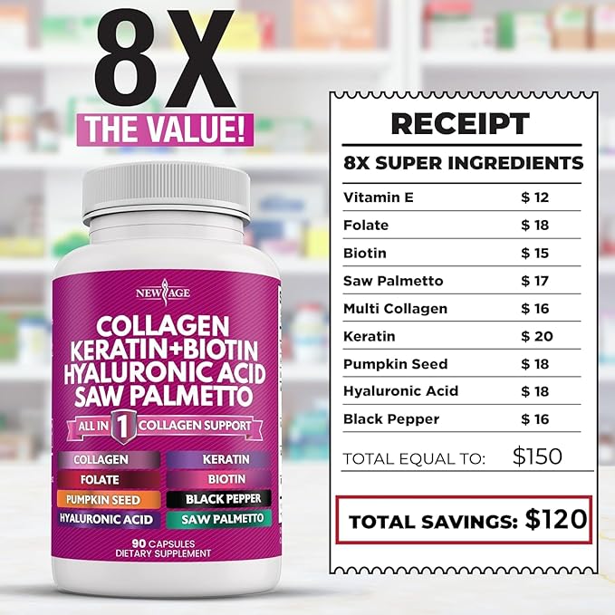 Collagen Pills 1000mg Biotin 10000mcg Keratin 2500mg Hyaluronic 90 Count
