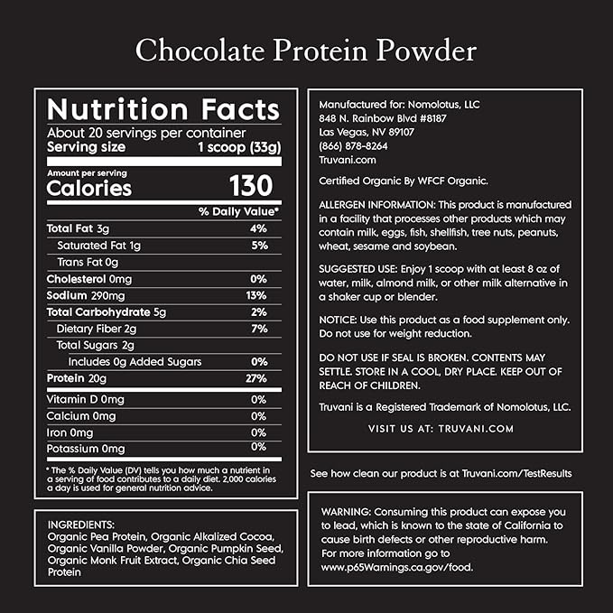 Truvani Vegan Pea Protein Powder 20g Organic 20 Servings