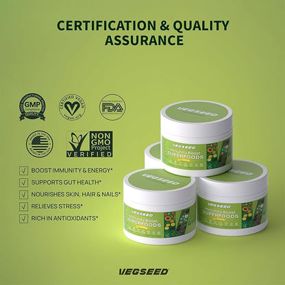 Immunity Greens Superfoods Powder,Immunity, Gut Health, Energy, Stress Relief, Skin, Nails, Hair, Improve Sleep, Overall Health, Multi-Vitamins&Minerals, 30SVG, 100 Grams