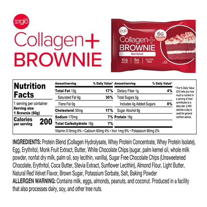 321glo Collagen Protein Brownie | Gluten Free, Low Sugar | Keto Snack for Women, Men, & Kids | 16g Protein, 6g Collagen | 12 Pack (12 Pack, Red Velvet)