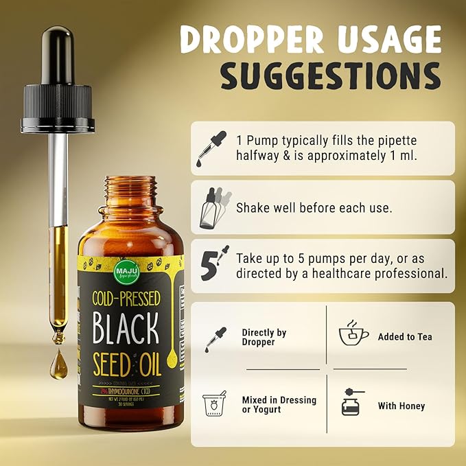Maju Superfoods Black Seed Oil - 3 Times TQ, Cold-Pressed, Travel Size, 100% Turkish Black Cumin Seed Oil, Liquid Pure Blackseed Oil, Glass Bottle, 2 Oz