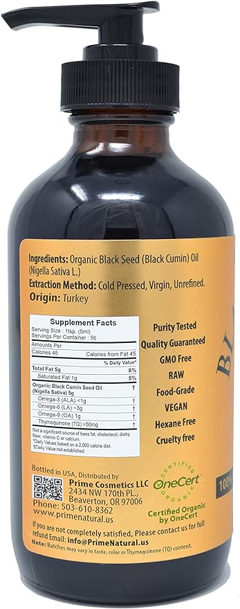 PRIME NATURAL Organic Black Seed Oil 16oz - Cold Pressed Unrefined High Thymoquinone 1.7% USDA Certified - Turkish Origin Potent Nigella Sativa Liquid - Vegan Omega 3 6 9, Antioxidant