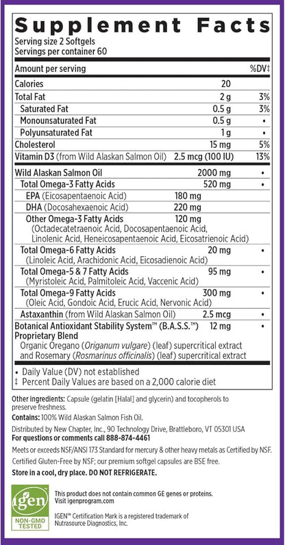 New Chapter Wholemega Fish Oil Supplement Omega-3 + D3 + 120 ct, 1000mg Softgels