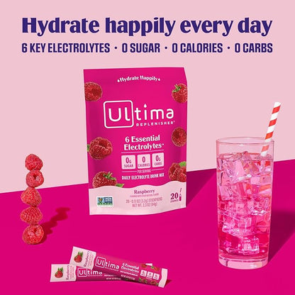 Ultima Replenisher Daily Electrolyte Powder Drink Mix – Raspberry, 20 Stickpacks – Hydration Packets with 6 Key Electrolytes and Trace Minerals – Keto Friendly, Vegan, Non-GMO and Sugar-Free