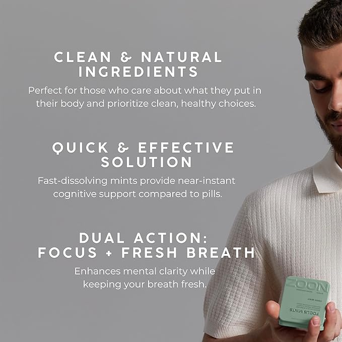 NOOZ Focus Mints - Caffeine-Free Brain Booster for Mental Clarity - Fresh Mint Flavor | Sugar-Free, Travel-Friendly Supplement with Vitamins C, B6, B12 - Non-GMO, Clean Label, 25 Mints