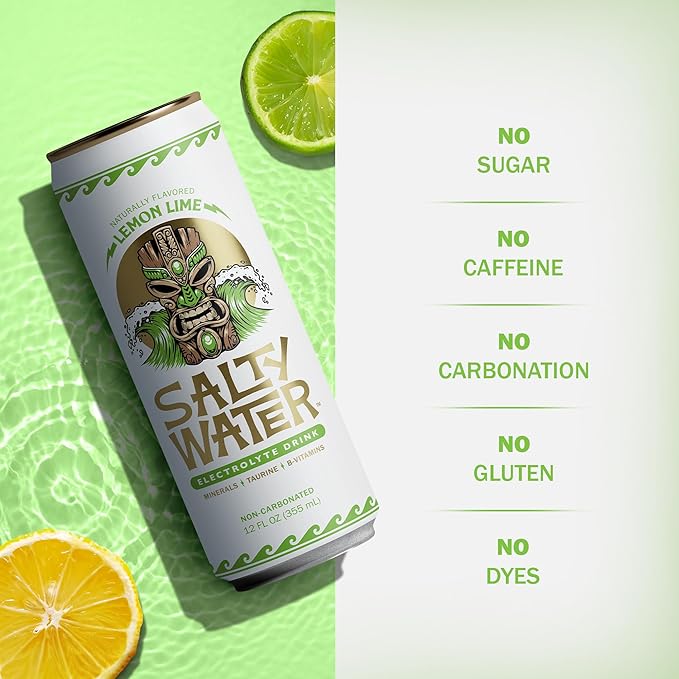 SaltyWater Electrolyte Drink, Lemon Lime – Zero Sugar Premium Hydration Drink, 10 Calories, Minerals, Taurine, B-Vitamins, Non-Carbonated - Zero Caffeine Electrolyte Sports Drink - Keto, Paleo, Vegan - 12 Pack (12 oz)