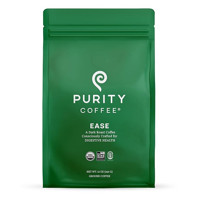 Purity Coffee EASE Dark Roast Ground Coffee for Low Acidity - USDA Organic and Third-Party Tested for Antioxidants, Mold, Mycotoxins and Pesticides - 12oz