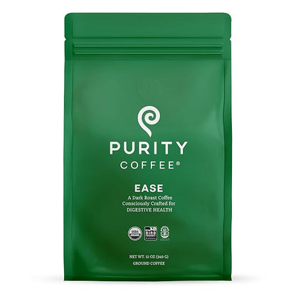 Purity Coffee EASE Dark Roast Ground Coffee for Low Acidity - USDA Organic and Third-Party Tested for Antioxidants, Mold, Mycotoxins and Pesticides - 12oz