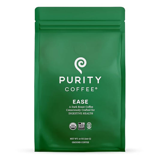 Purity Coffee EASE Dark Roast Ground Coffee for Low Acidity - USDA Organic and Third-Party Tested for Antioxidants, Mold, Mycotoxins and Pesticides - 12oz