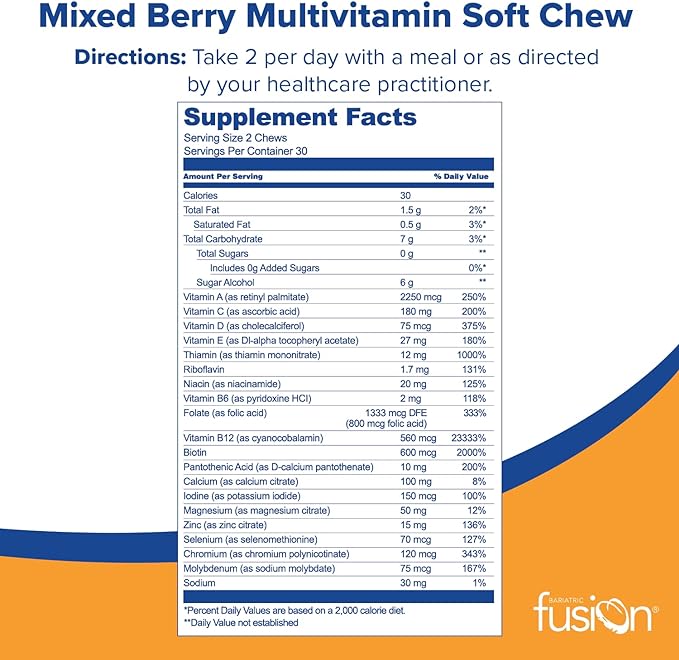 Bariatric Fusion Bariatric Multivitamin Soft Chew | Mixed Berry Fruit Flavor Chewy | Sugar Free Chewable Multivitamin Post Bariatric Surgery | Gastric Bypass and Sleeve | 60 Count | 1 Month Supply