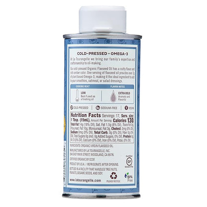 La Tourangelle, Organic Flaxseed Oil, Essential Omega-3 to Improve Heart Health, Vegan, Non-GMO, Gluten-Free, Kosher, Cast Iron Seasoning, 8.45 fl oz