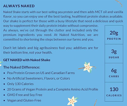 Naked Shake - Vanilla Protein Powder - Plant Based Protein Shake with Mct Oil, Gluten-Free, Soy-Free, No Gmos Or Artificial Sweeteners - 30 Servings