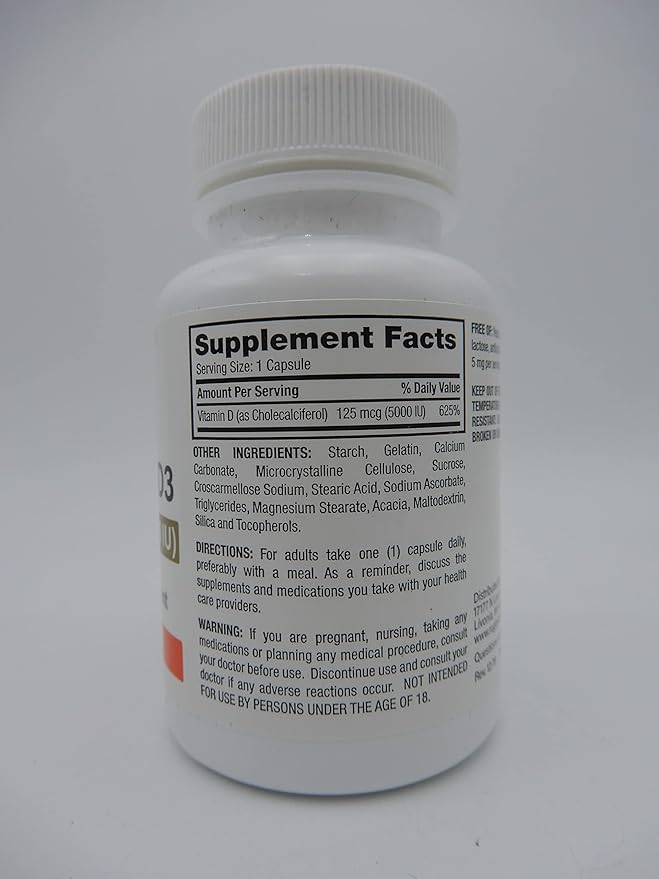 Rugby Vitamin D3 Dietary Supplement 125 (5000 IU) 100 Capsules