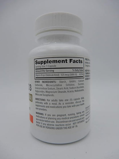 Rugby Vitamin D3 Dietary Supplement 125 (5000 IU) 100 Capsules