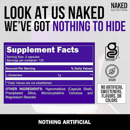NAKED L-Glutamine Muscle Recovery Capsules, 1000mg, 240 Count,