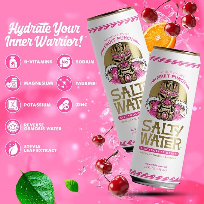 SaltyWater Electrolyte Drink, Fruit Punch – Zero Sugar Premium Hydration Drink, 10 Calories, Minerals, Taurine, B-Vitamins, Non-Carbonated - Zero Caffeine Electrolyte Sports Drink - Keto, Paleo, Vegan - 12 Pack (12 oz)