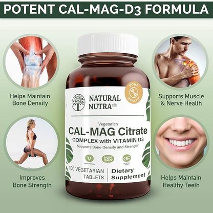 Natural Nutra Cal-Mag Citrate with Vitamin D3,1000/500 mg 100 Vegan
