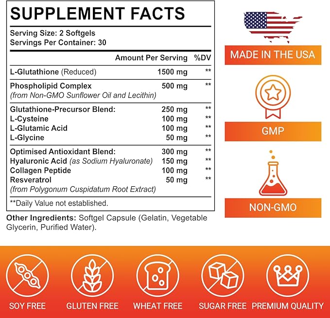 2550mg Liposomal Glutathione Softgel, High Absorption 60 Softgels