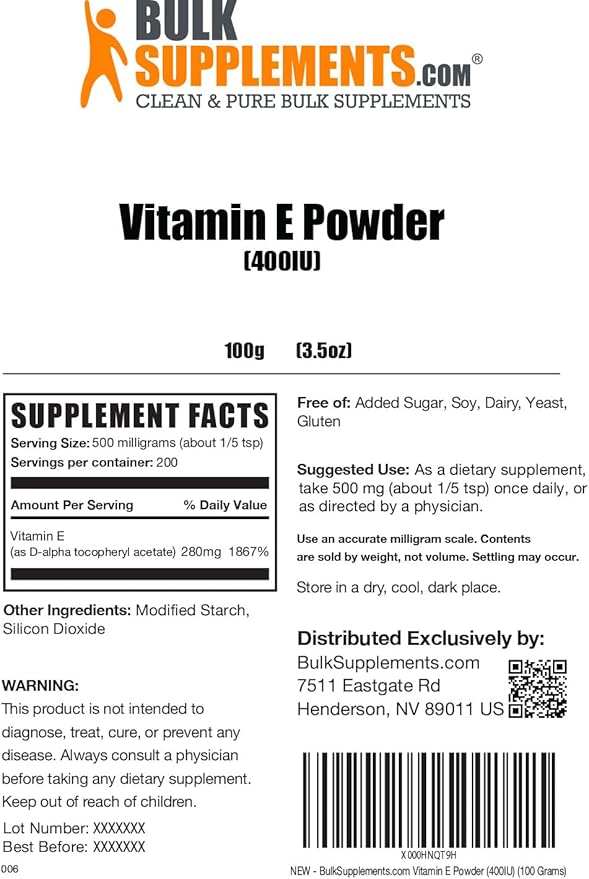 BulkSupplements.com Vitamin E 400 IU Powder 500mg per 100g (3.5 (3.5 oz) 1)