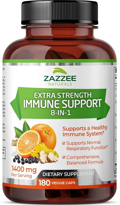 Zazzee Extra Strength 8-in-1 Immune Support, 1400 mg 180 Vegan 1000 mg 1000 IU D3, Zinc,