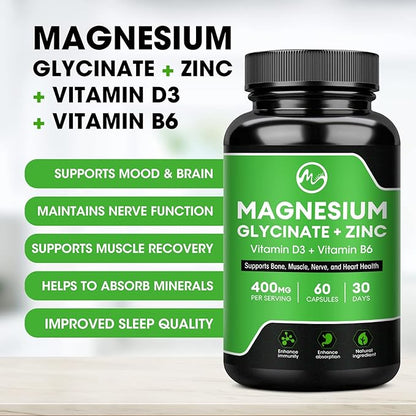 (2 Pack) Magnesium Glycinate Capsules, Magnesium 400mg with D3 & B6 - 120 Vegan