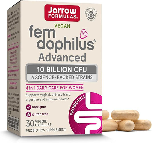 Jarrow Formulas Fem-Dophilus Advanced Probiotics 10 Billion CFU With 6 Science-Backed Strains, For Vaginal, Urinary Tract, Digestive, and Immune Support, 30 Veggie Capsules, Shelf-Stable