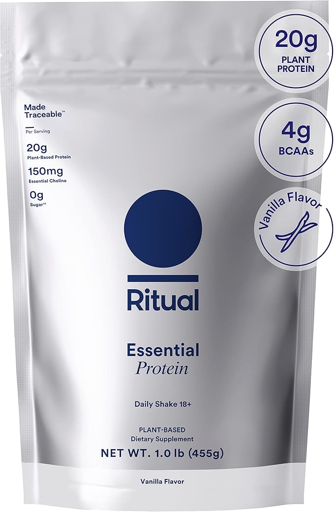 Ritual 18+ Vegan Protein Powder with BCAA: 20g Organic Pea Protein from Regenerative Farms in USA, Gluten Free, Plant Based, Sugar Free, Dairy Free, Hand-Crafted Vanilla, 1Lbs