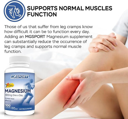 Magnesium Supplement Complex MGSPORT - High Absorption Supplement with Vitamins B6, D, E - Relieves Leg Cramps & Muscle Support - 100 Servings