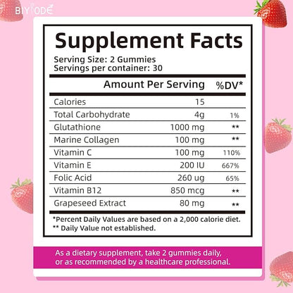 Glutathione Gummies: 1000mg Glutathione/Serving, 100mg Marine B12, Folic Extract.60 Gummies,30 Gummies,30 Day